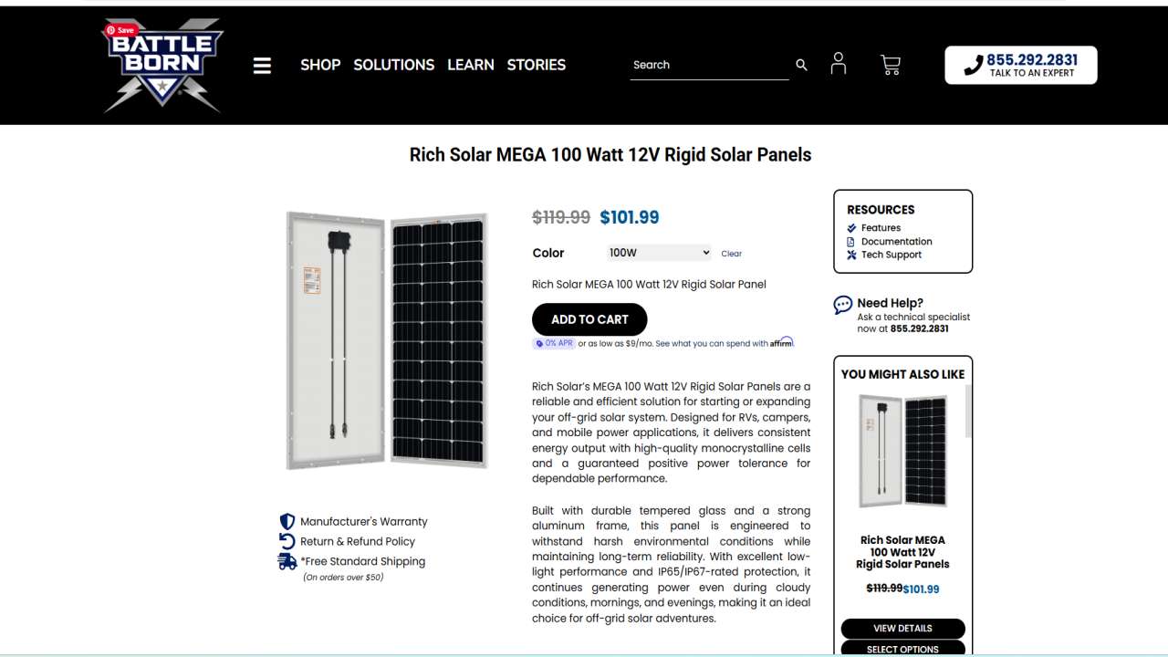 Battle Born 100W Compact Monocrystalline Solution