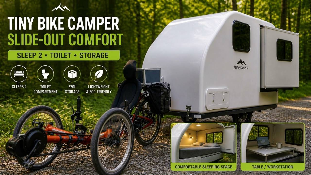 Tiny Bike Camper With Slide-Out Expands to Sleep 2